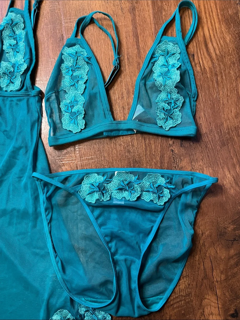 Thalia Sodi Teal Lace-Appliqué Sheer Chemise, Bra and Panty Set